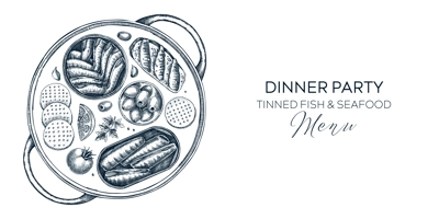 Hand drawn canned fish platter design. Sardines, anchovy, mackerel, tuna, mussels in tin cans in sketch style. Seafood restaurant background or finger food party banner with food illustrations